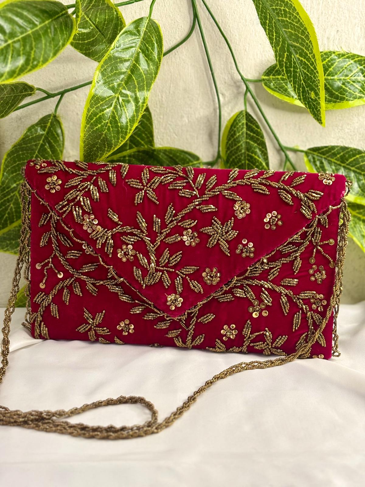 Hand-Embroidered Emerald Velvet Clutch – All-Over Gold Bead & Sequin Work