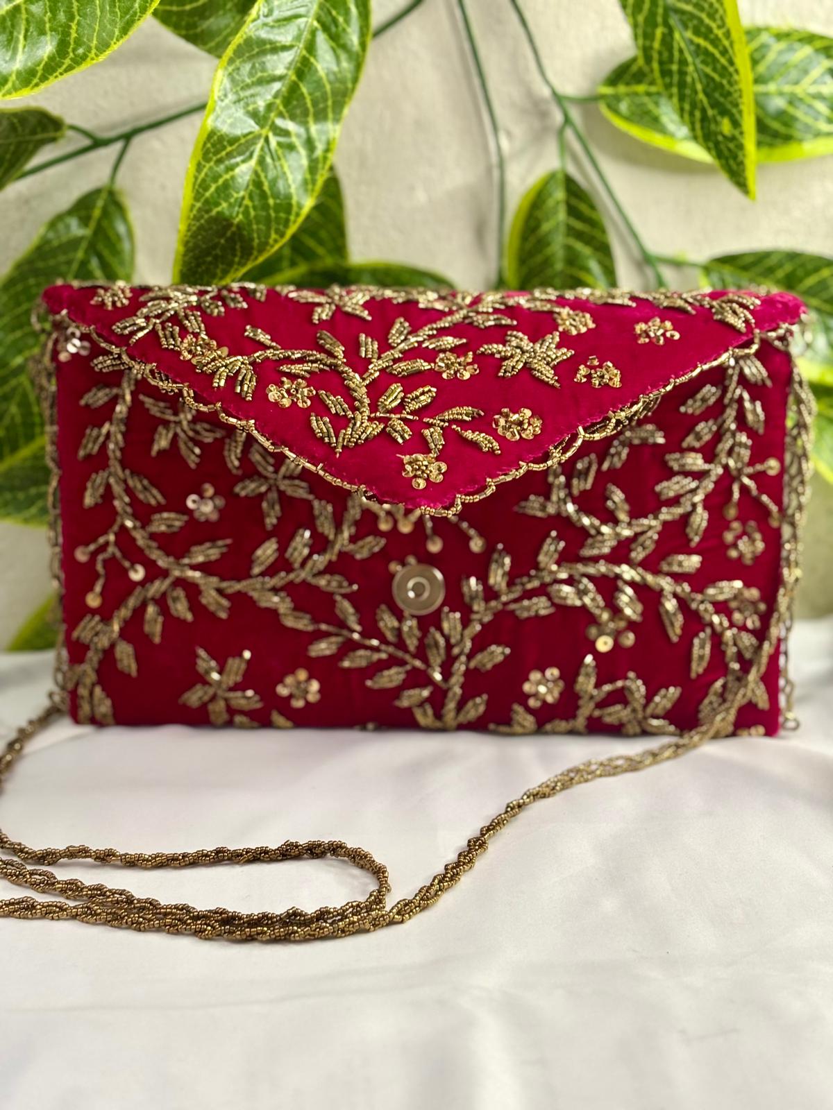 Hand-Embroidered Emerald Velvet Clutch – All-Over Gold Bead & Sequin Work