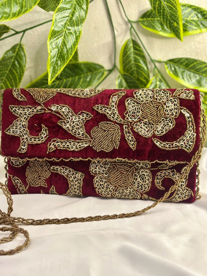 Vintage Velvet Clutch | Hand-Embroidered Gold Zardosi & Beadwork