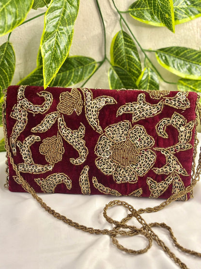 Vintage Velvet Clutch | Hand-Embroidered Gold Zardosi & Beadwork