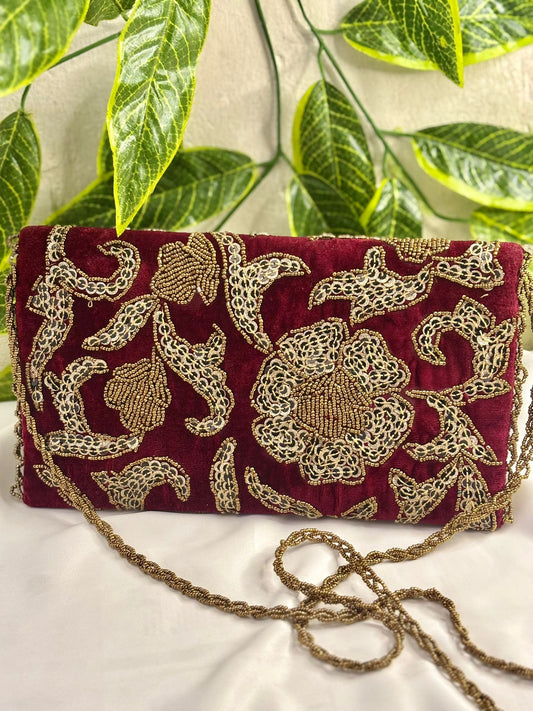 Vintage Velvet Clutch | Hand-Embroidered Gold Zardosi & Beadwork