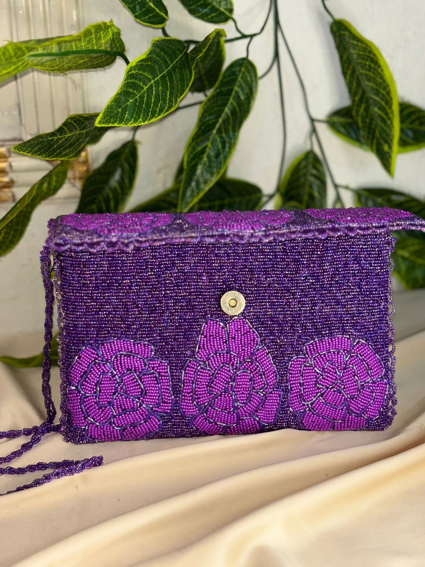 Single-Tone Hand-Beaded Clutch | All-Over Artisan Beadwork | Zip & Magnetic Closure