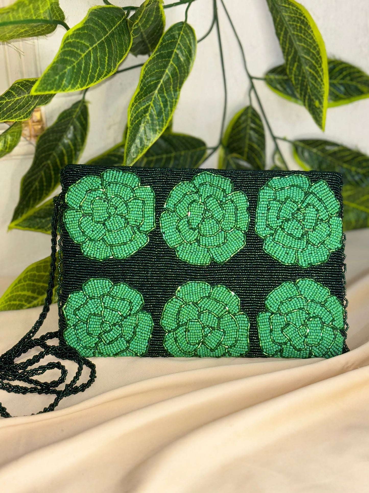 Single-Tone Hand-Beaded Clutch | All-Over Artisan Beadwork | Zip & Magnetic Closure