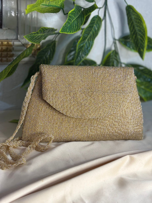 Radiant Gold Hand-Beaded Clutch | Fully Hand-Crafted All-Over Beadwork | Elegant Festive Bag