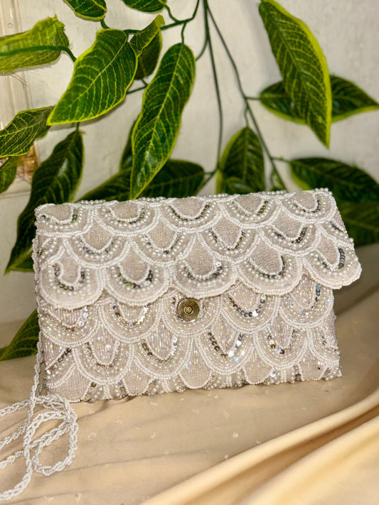Pristine White Hand-Beaded Clutch | All-Over Artisan Beadwork | Bridal & Festive Evening Bag