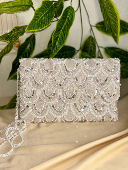 Pristine White Hand-Beaded Clutch | All-Over Artisan Beadwork | Bridal & Festive Evening Bag