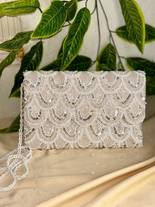 Pristine White Hand-Beaded Clutch | All-Over Artisan Beadwork | Bridal & Festive Evening Bag