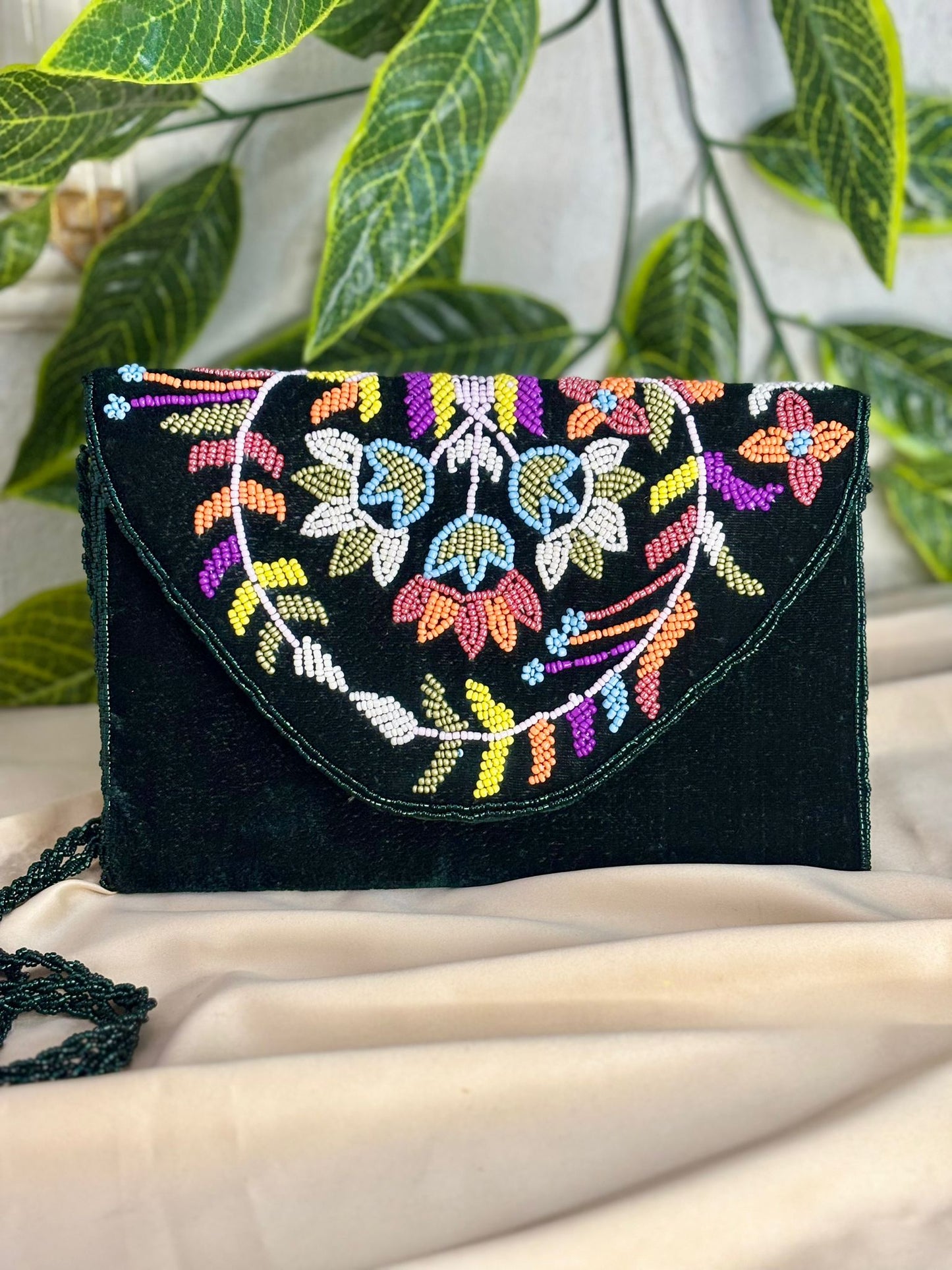 Vibrant Velvet: Hand-Crafted Multi-Color Beaded Clutch