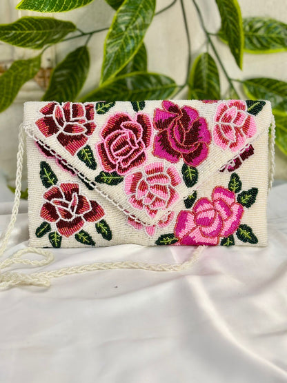 Floral Hand-Beaded Envelope Clutch | Fully Hand-Crafted Beaded Evening Bag