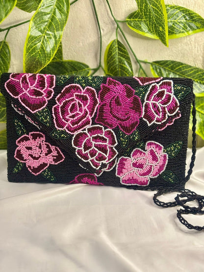 Floral Hand-Beaded Envelope Clutch | Fully Hand-Crafted Beaded Evening Bag