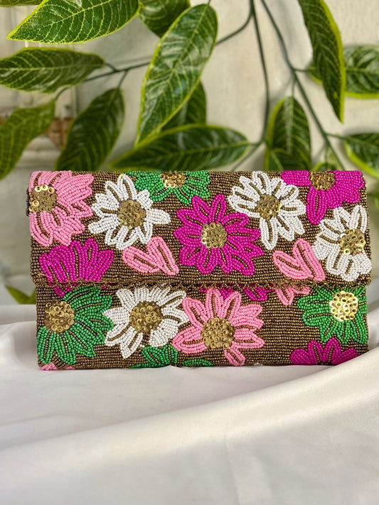Floral Hand-Beaded Envelope Clutch | Fully Hand-Crafted Beaded Evening Bag