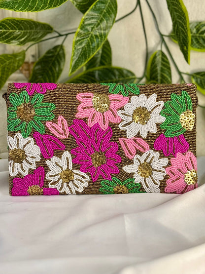 Floral Hand-Beaded Envelope Clutch | Fully Hand-Crafted Beaded Evening Bag
