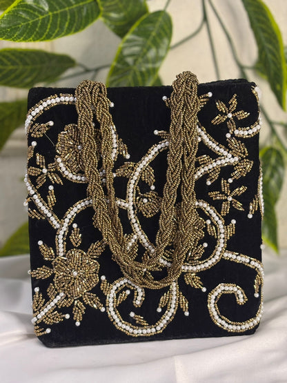 Designer Velvet Beaded Mini Bag | All-Over Pearl & Beadwork | Hand-Crafted Double Handle Bag