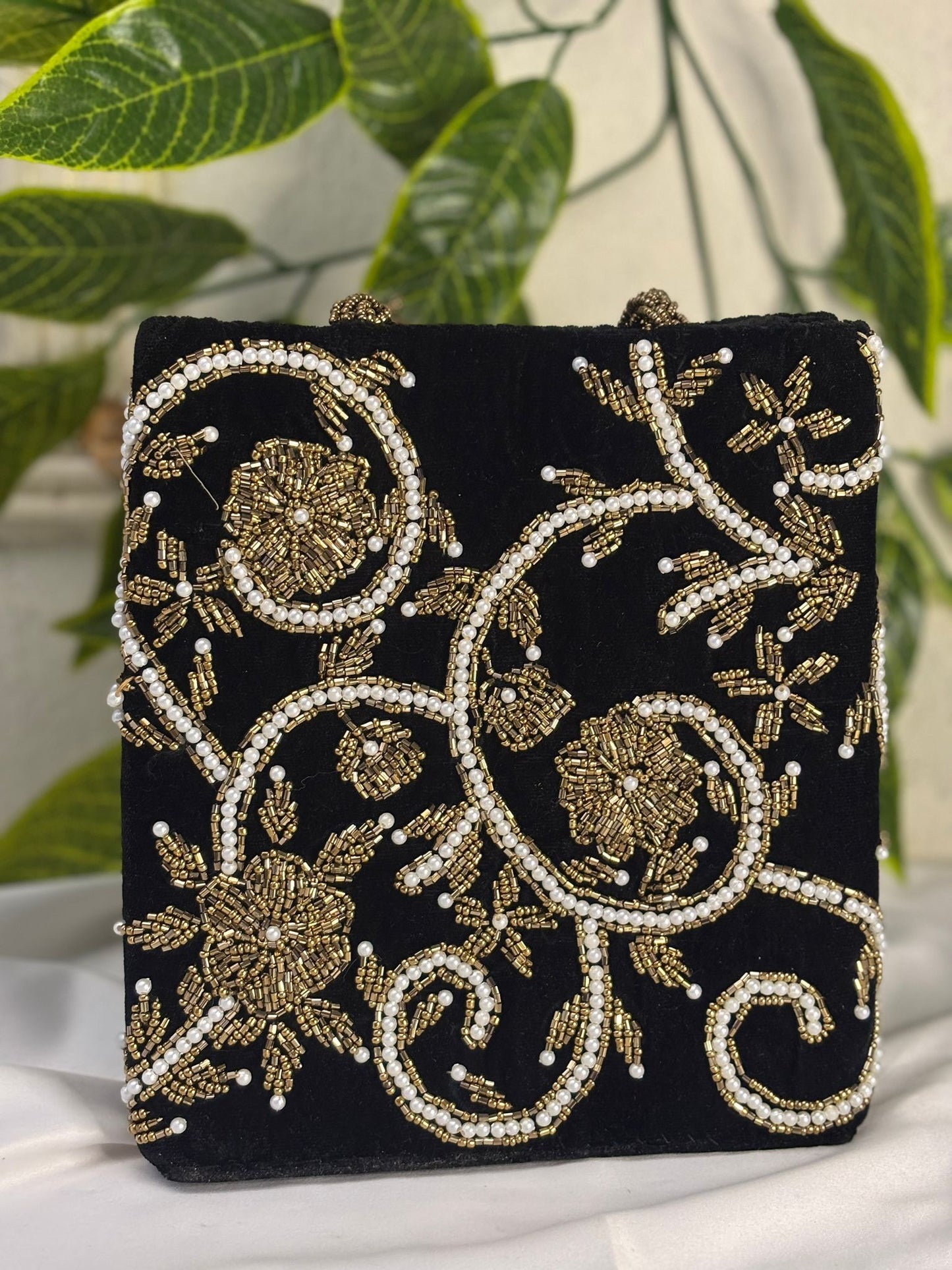Designer Velvet Beaded Mini Bag | All-Over Pearl & Beadwork | Hand-Crafted Double Handle Bag