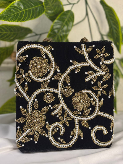 Designer Velvet Beaded Mini Bag | All-Over Pearl & Beadwork | Hand-Crafted Double Handle Bag