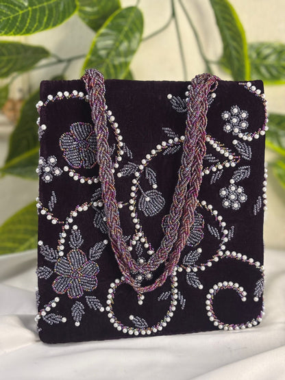Designer Velvet Beaded Mini Bag | All-Over Pearl & Beadwork | Hand-Crafted Double Handle Bag