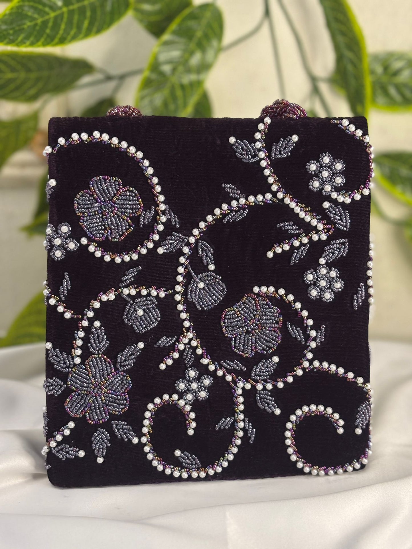 Designer Velvet Beaded Mini Bag | All-Over Pearl & Beadwork | Hand-Crafted Double Handle Bag