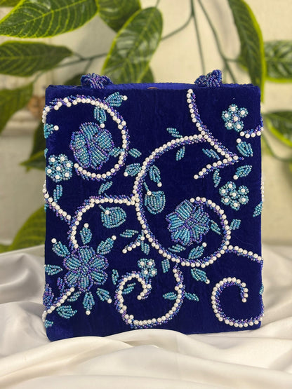 Designer Velvet Beaded Mini Bag | All-Over Pearl & Beadwork | Hand-Crafted Double Handle Bag