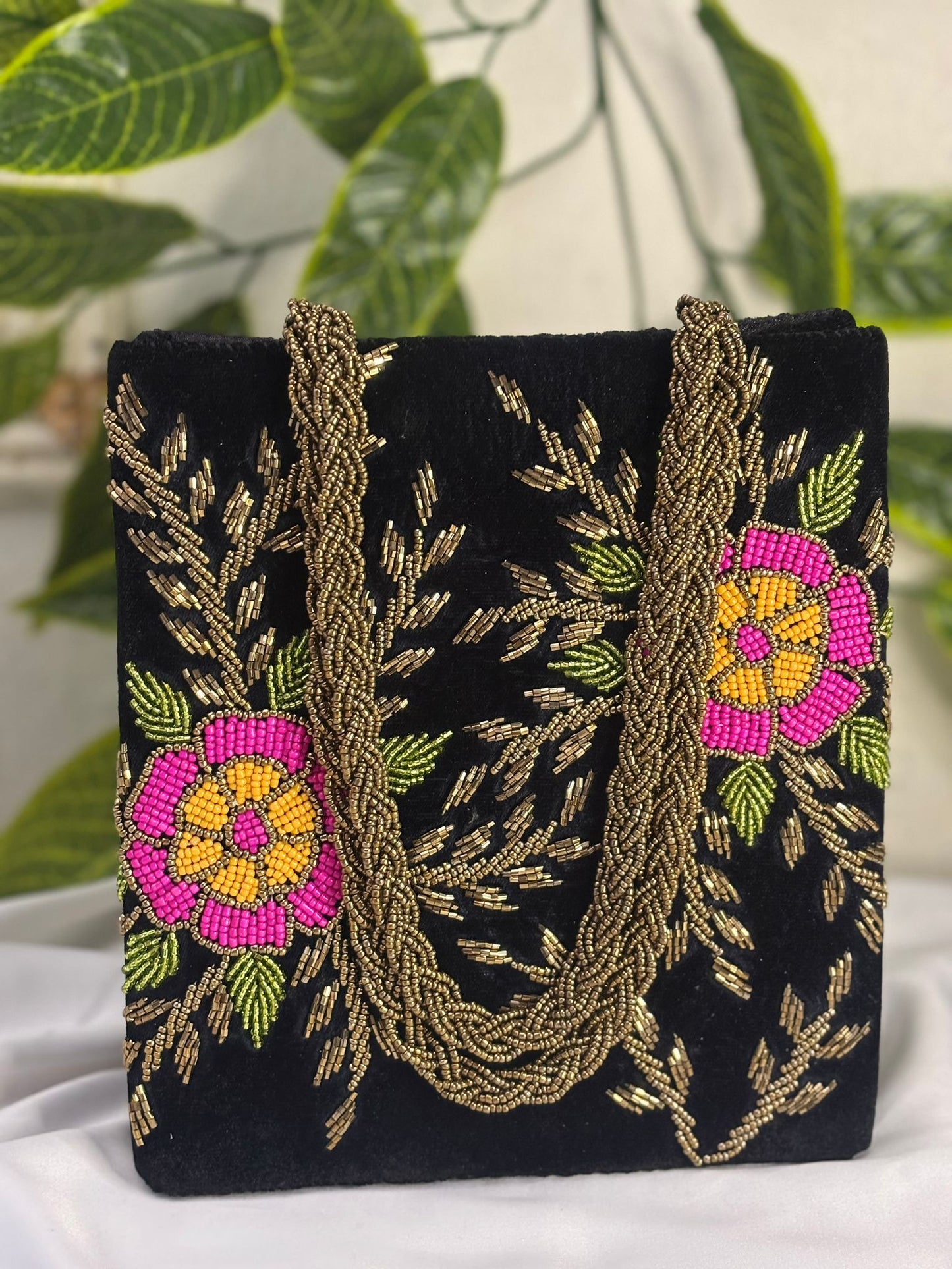 Emerald Velvet Clutch | Hand-Embroidered Gold Leaf & Sequin Work