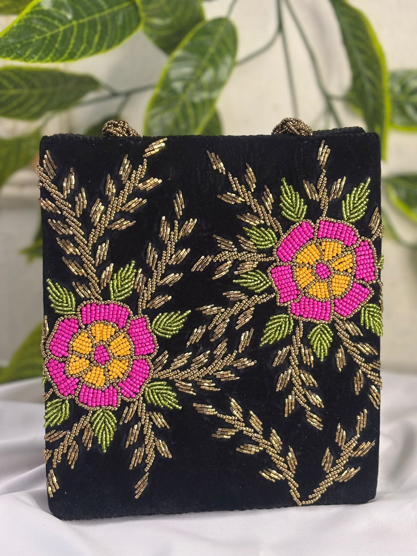 Emerald Velvet Clutch | Hand-Embroidered Gold Leaf & Sequin Work