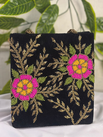 Emerald Velvet Clutch | Hand-Embroidered Gold Leaf & Sequin Work