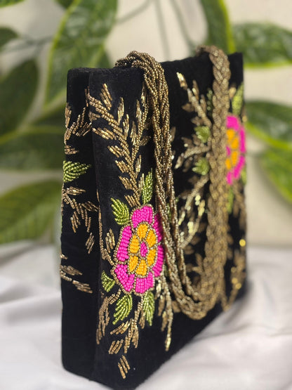 Emerald Velvet Clutch | Hand-Embroidered Gold Leaf & Sequin Work
