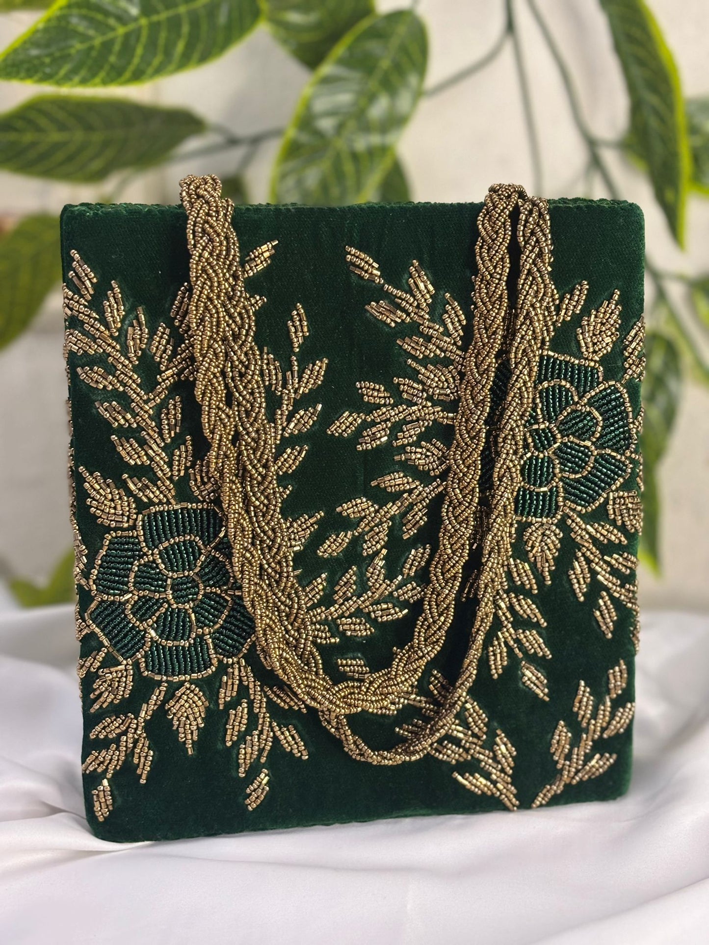 Emerald Velvet Clutch | Hand-Embroidered Gold Leaf & Sequin Work