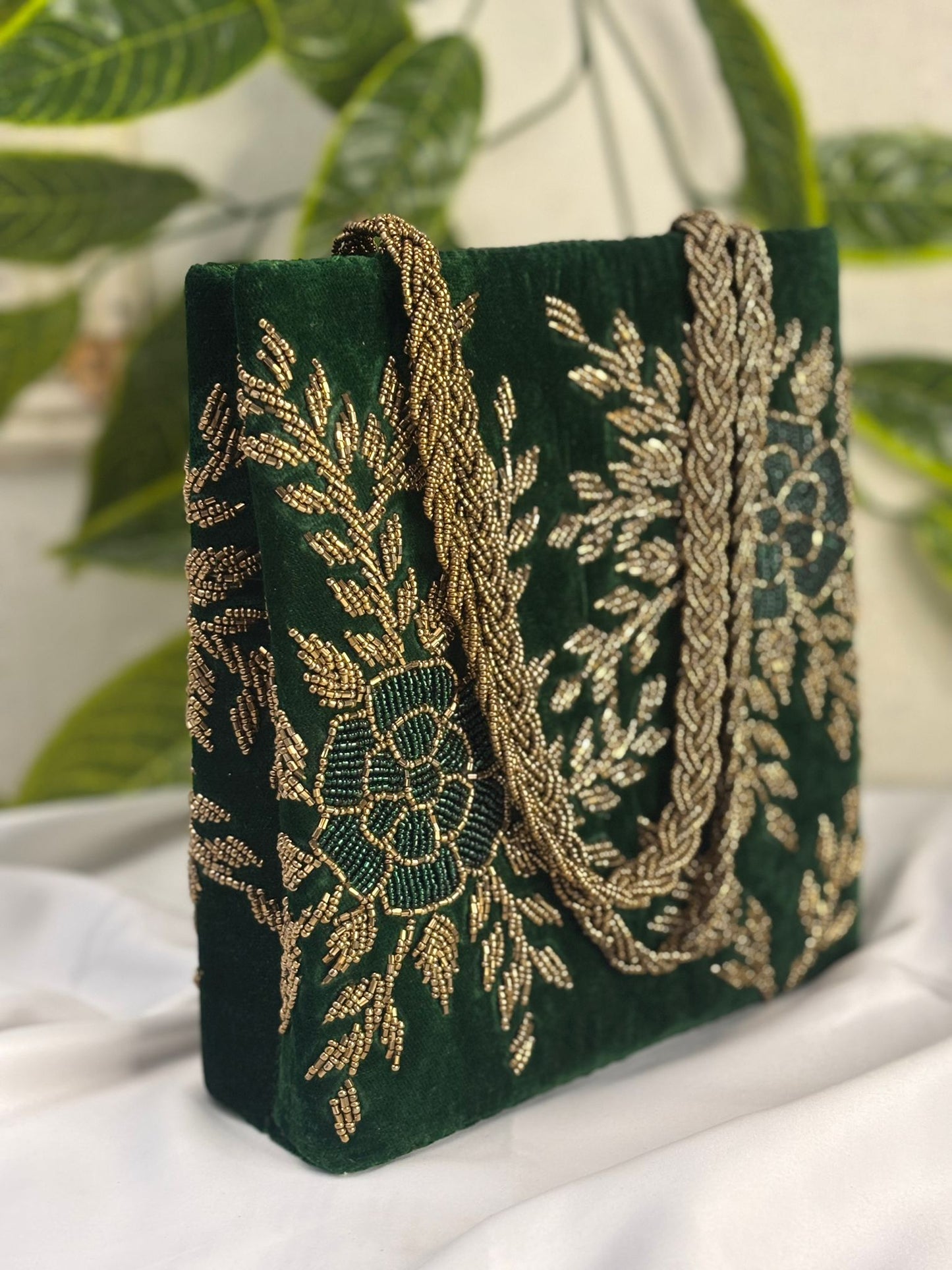Emerald Velvet Clutch | Hand-Embroidered Gold Leaf & Sequin Work