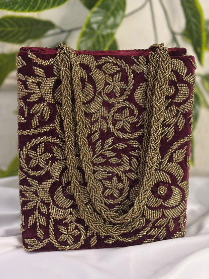 Floral Velvet Handbag | Fully Hand-Beaded Multi-Color Embroidery