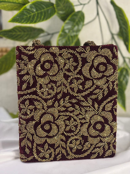 Floral Velvet Handbag | Fully Hand-Beaded Multi-Color Embroidery