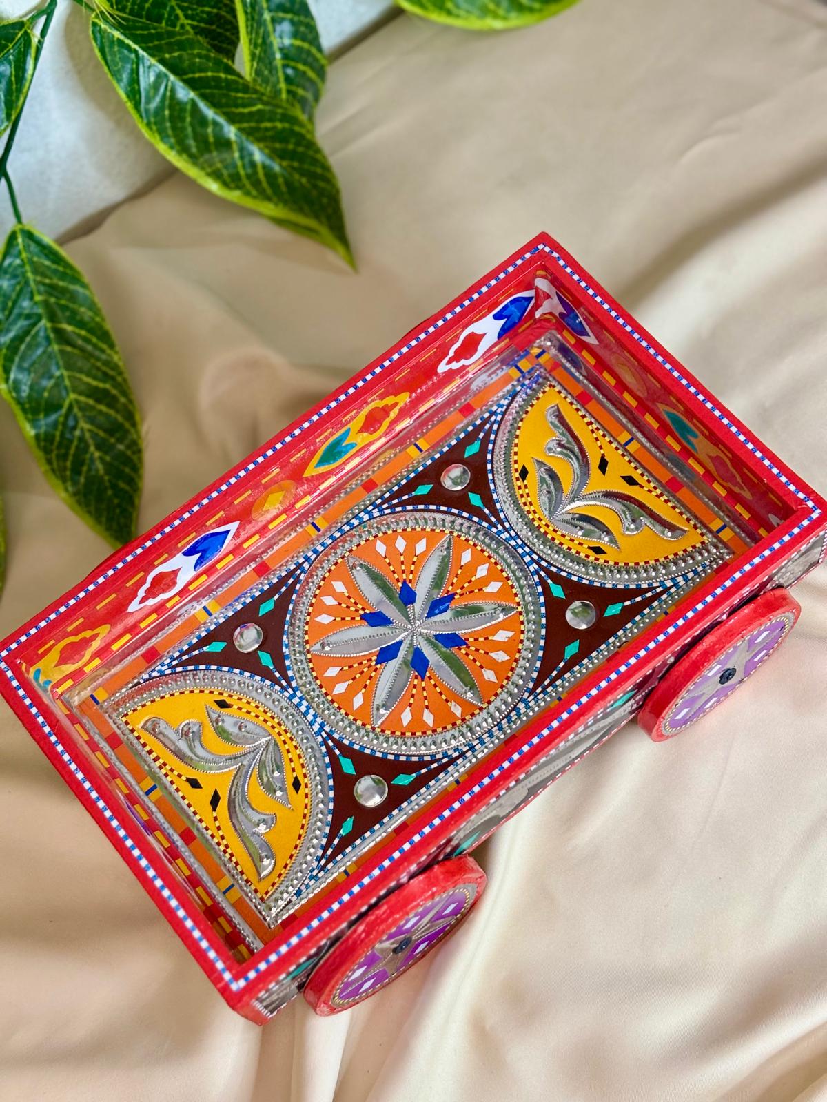 Chamak Patti Truck Art Wheel Cart Tray | Reflective Hand-Painted Serving Platter