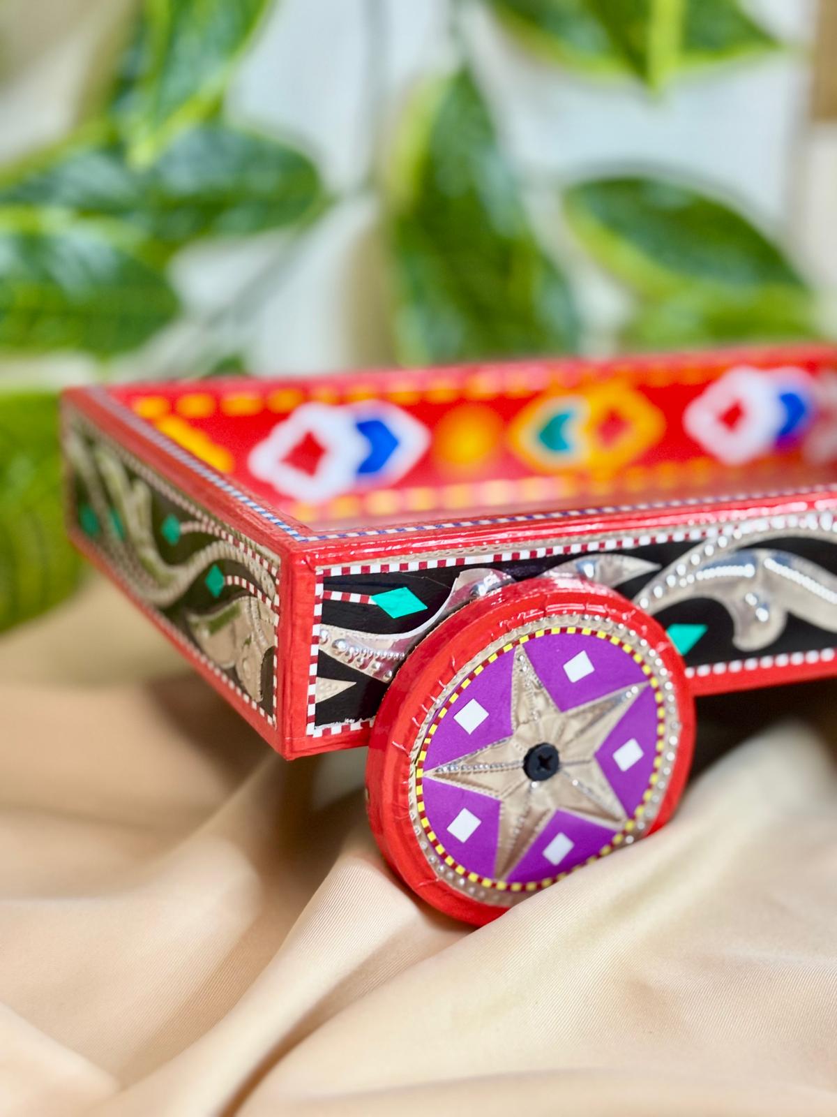 Chamak Patti Truck Art Wheel Cart Tray | Reflective Hand-Painted Serving Platter