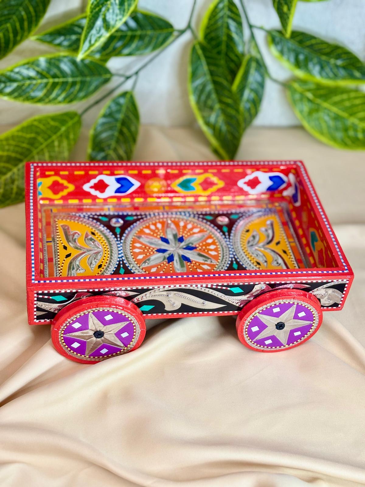 Chamak Patti Truck Art Wheel Cart Tray | Reflective Hand-Painted Serving Platter
