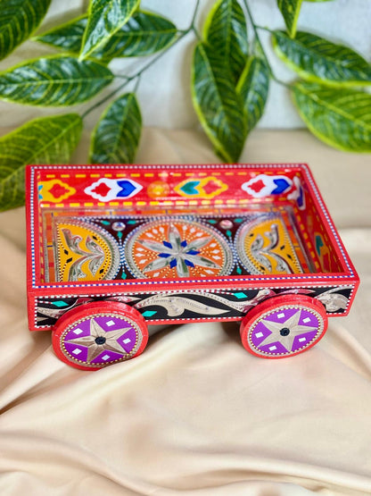 Chamak Patti Truck Art Wheel Cart Tray | Reflective Hand-Painted Serving Platter