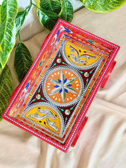 Chamak Patti Truck Art Wheel Cart Tray | Reflective Hand-Painted Serving Platter