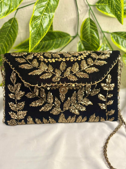 Midnight Velvet Hand-Embroidered Beaded Clutch | Opulent Festive Gala Bag