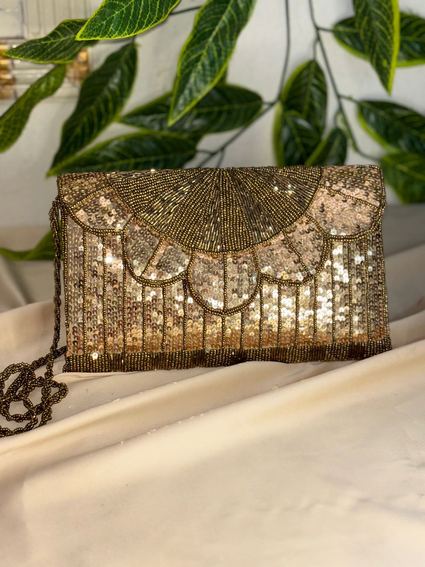 Radiant Gold Hand-Beaded Clutch | Fully Hand-Crafted All-Over Beadwork | Elegant Festive Bag