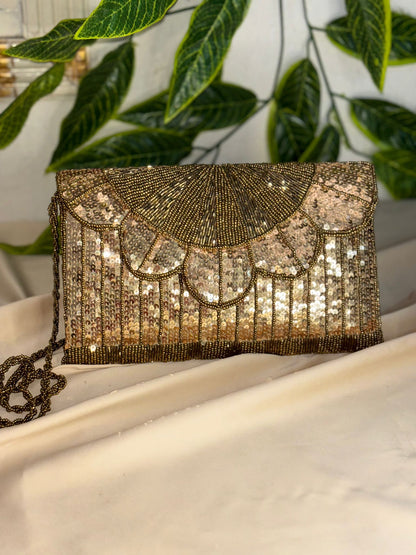Radiant Gold Hand-Beaded Clutch | Fully Hand-Crafted All-Over Beadwork | Elegant Festive Bag