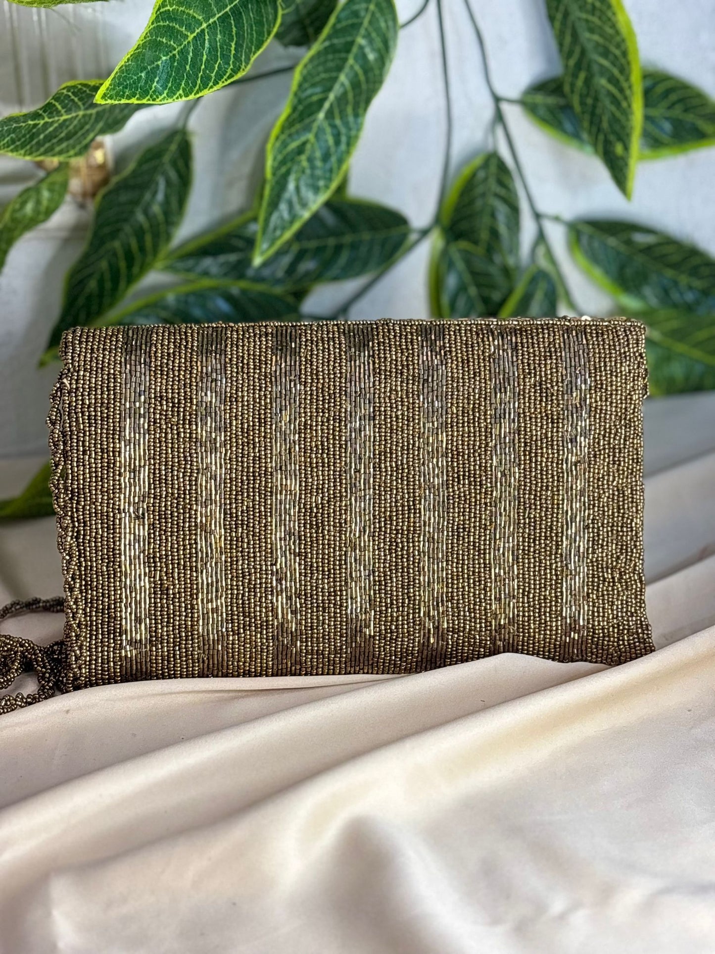 Radiant Gold Hand-Beaded Clutch | Fully Hand-Crafted All-Over Beadwork | Elegant Festive Bag