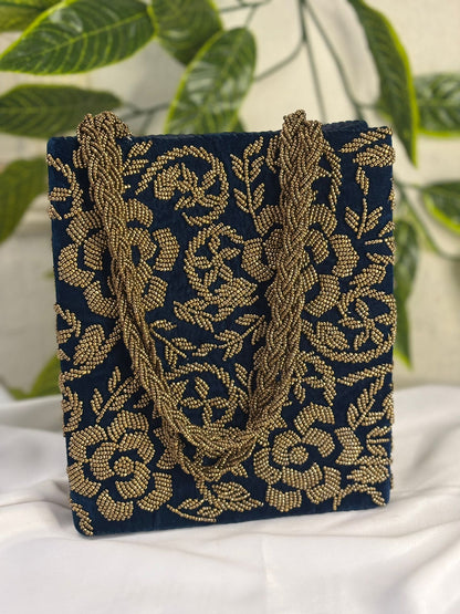Floral Velvet Handbag | Fully Hand-Beaded Multi-Color Embroidery