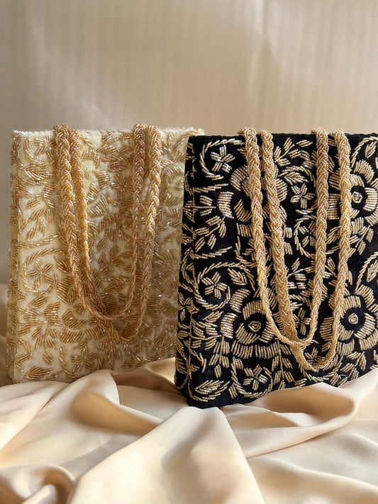 Hand-Embroidered Beaded Bag with Double Handle & Magnetic Closure