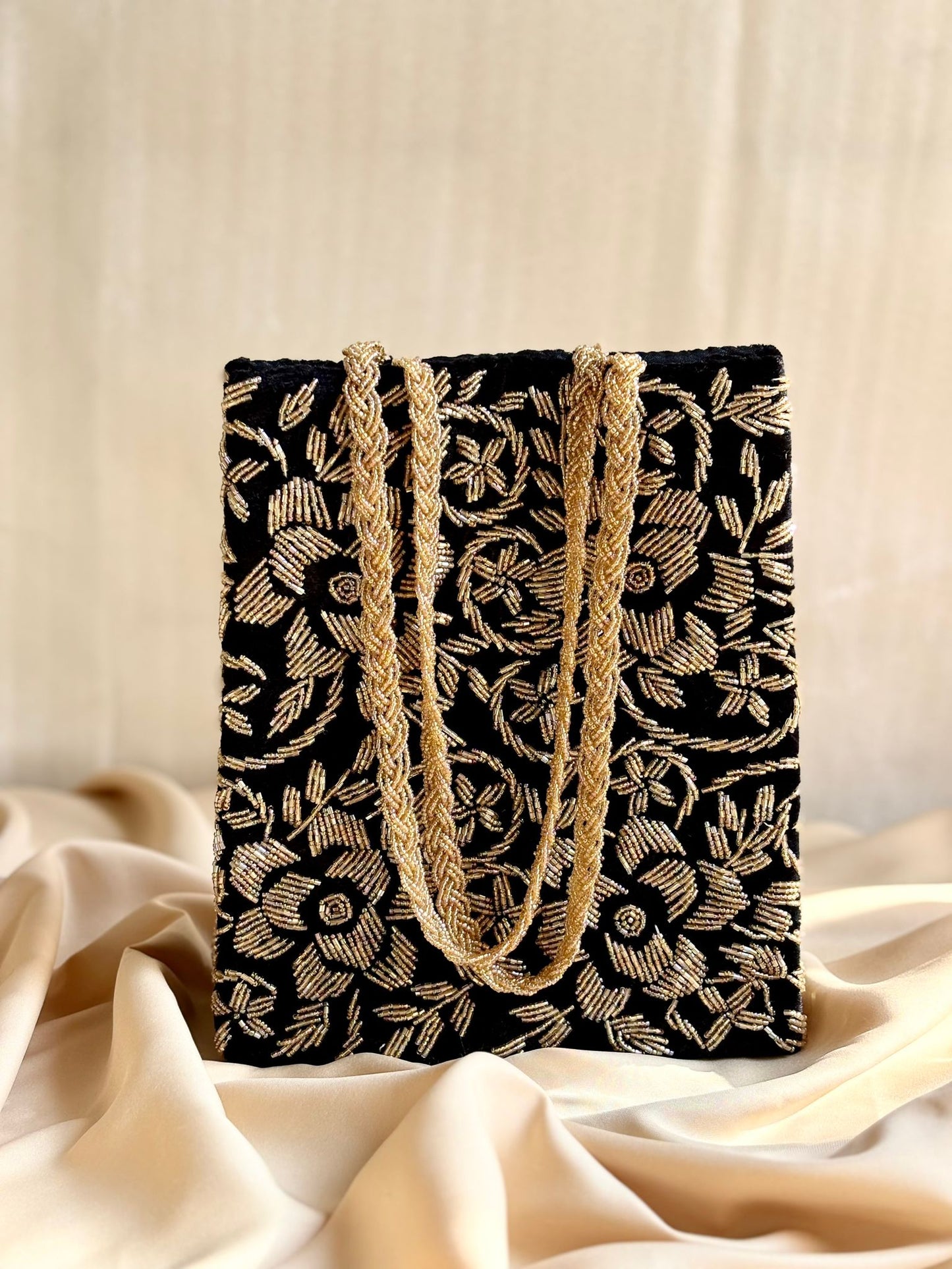Hand-Embroidered Beaded Bag with Double Handle & Magnetic Closure