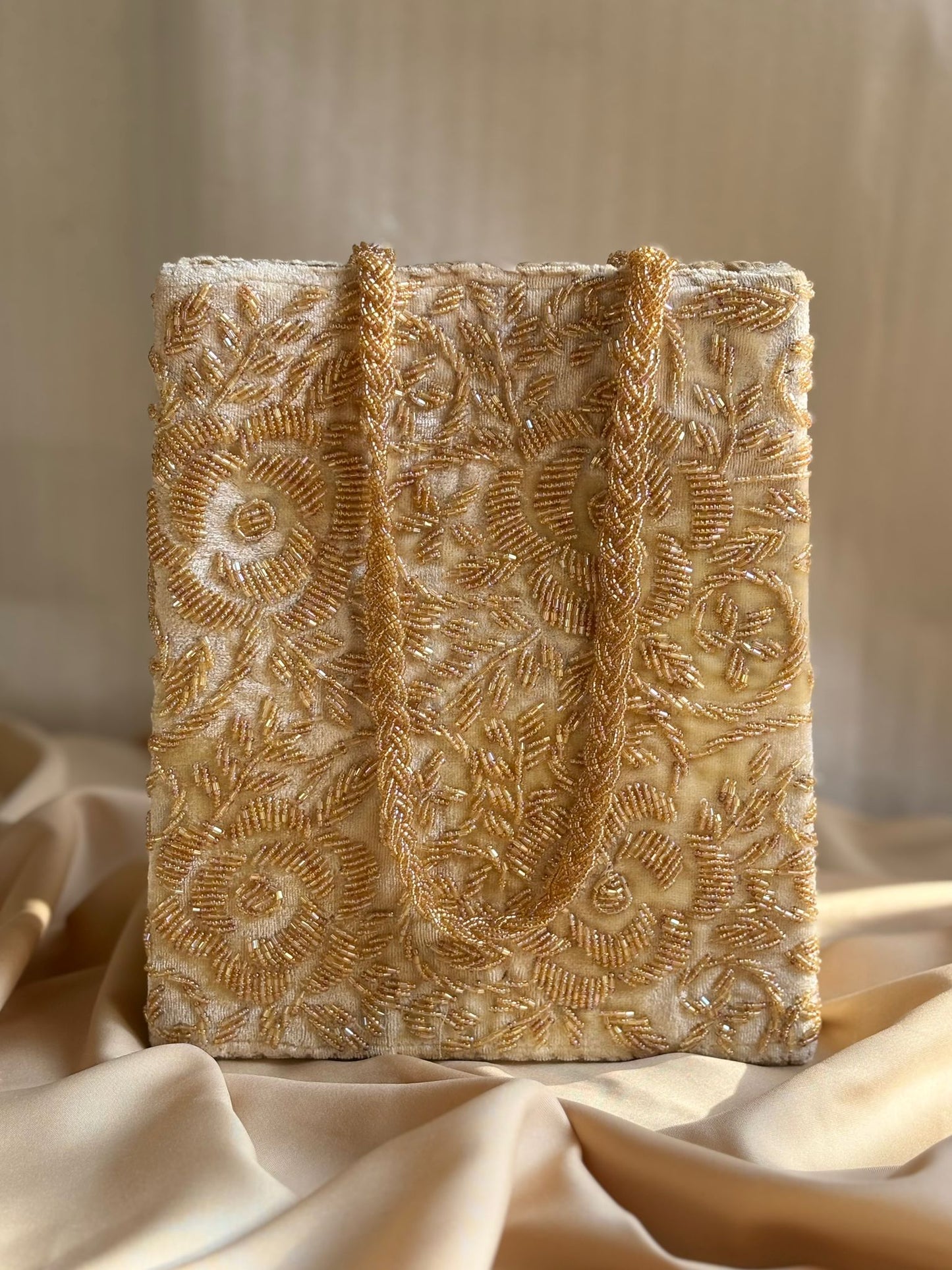 Hand-Embroidered Beaded Bag with Double Handle & Magnetic Closure