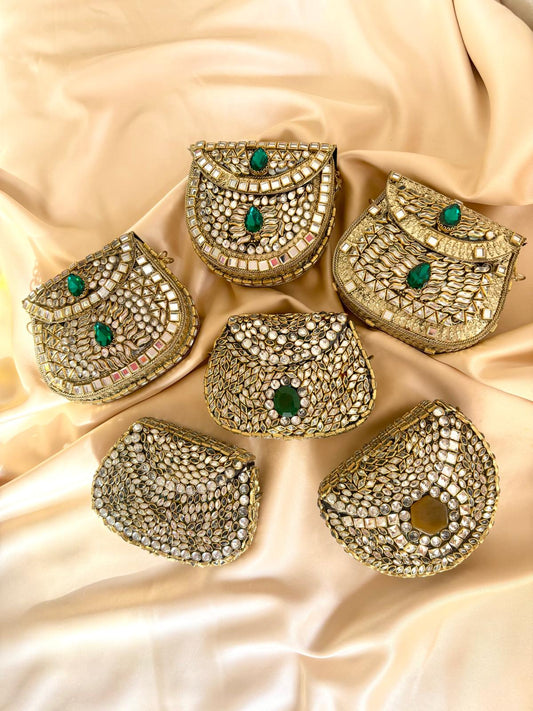 Kundan Work Festive Clutch with Shoulder Chain