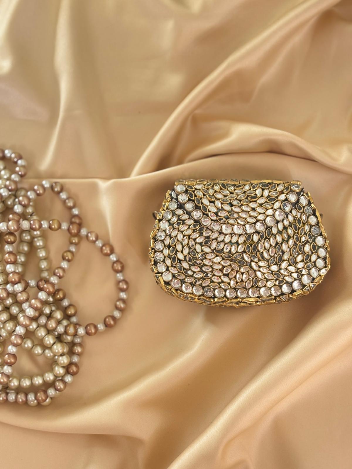 Kundan Work Festive Clutch with Shoulder Chain