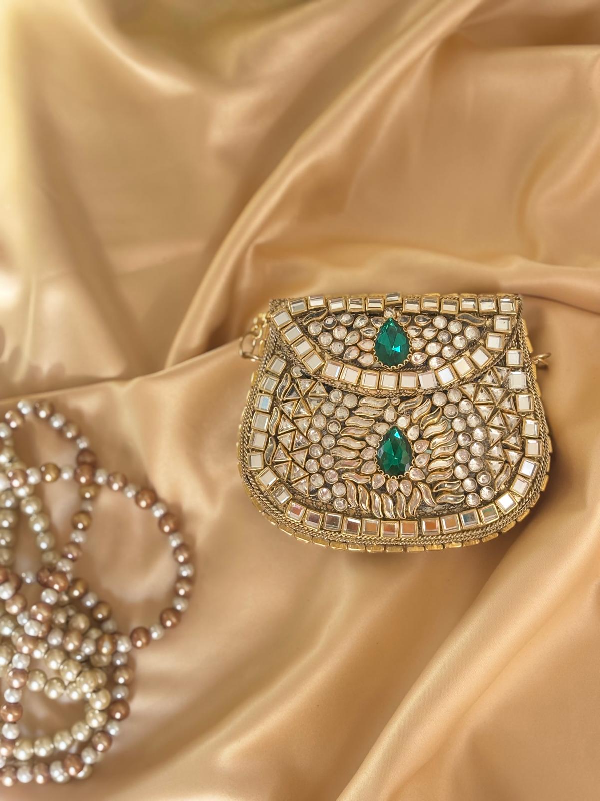 Kundan Work Festive Clutch with Shoulder Chain