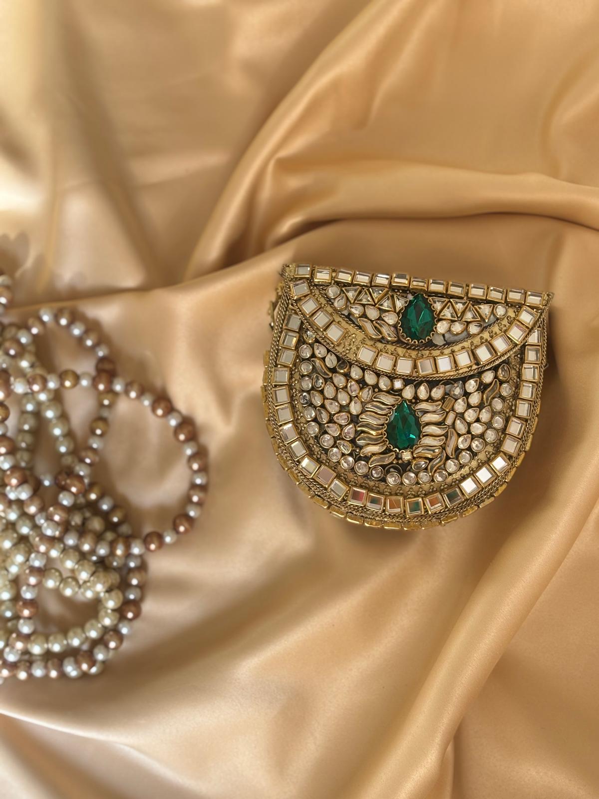Kundan Work Festive Clutch with Shoulder Chain