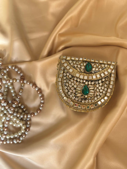 Kundan Work Festive Clutch with Shoulder Chain