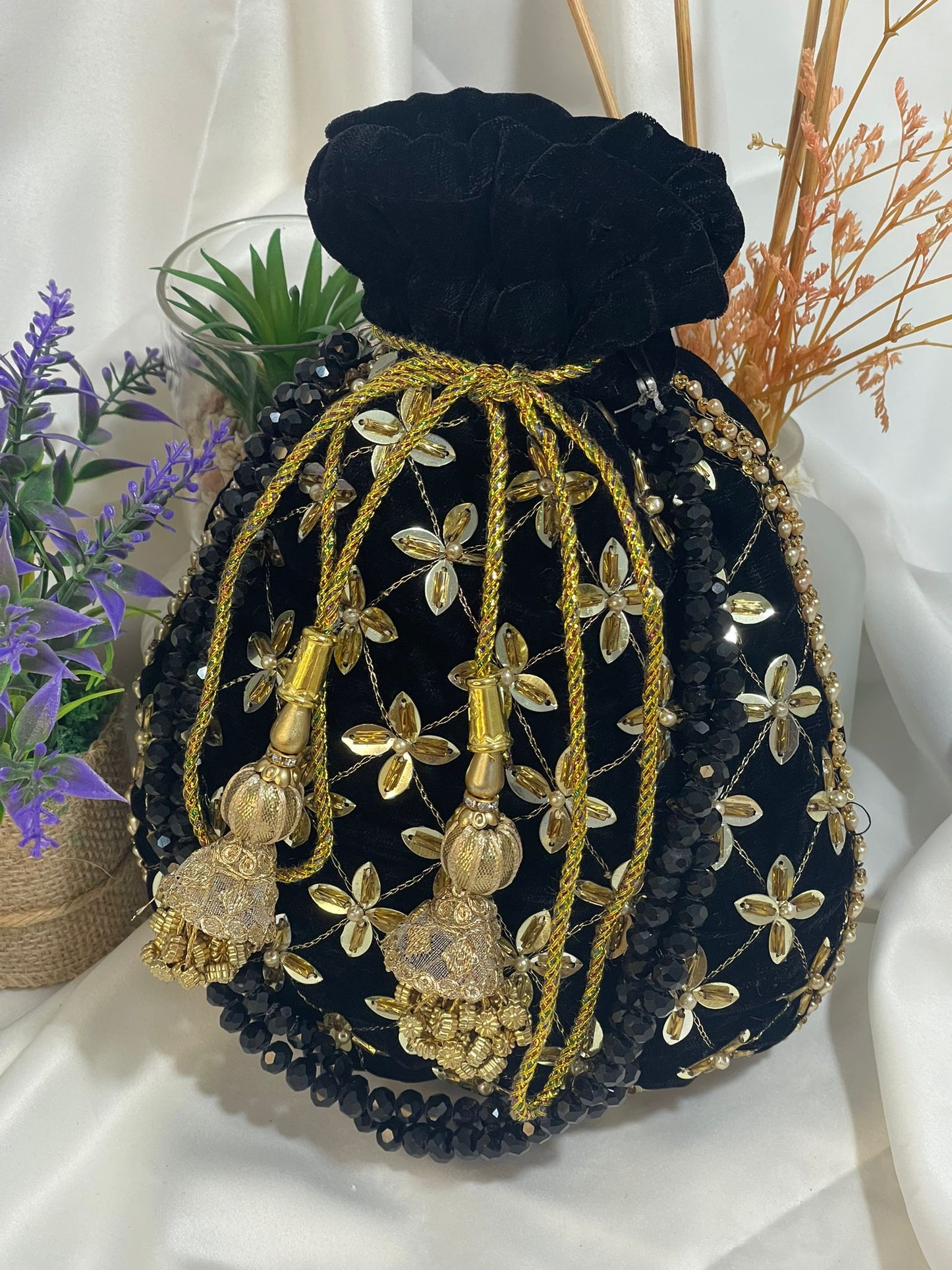 Velvet Classic Green & Black Potli Bags with Embroidery and Tassels
