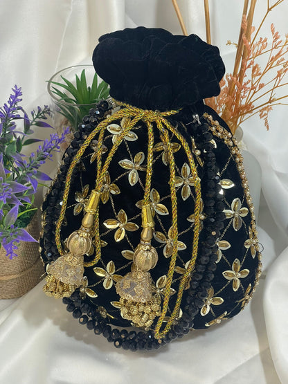 Velvet Classic Green & Black Potli Bags with Embroidery and Tassels